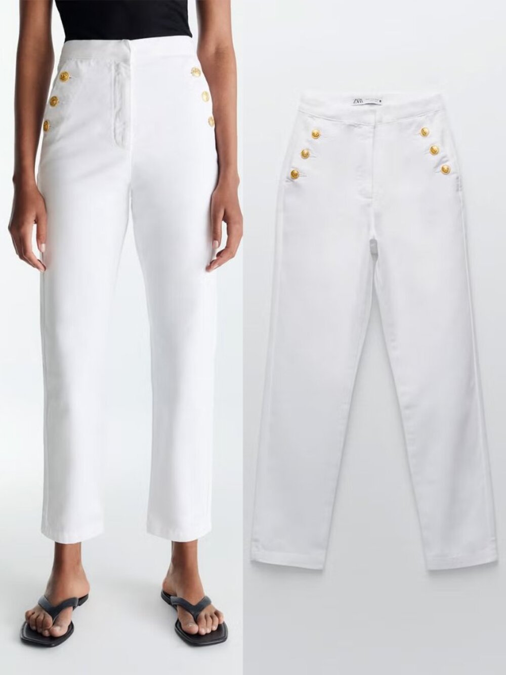 ZARA White Marine Sailor Jeans S Gold Button Nautical Straight Leg High Waisted